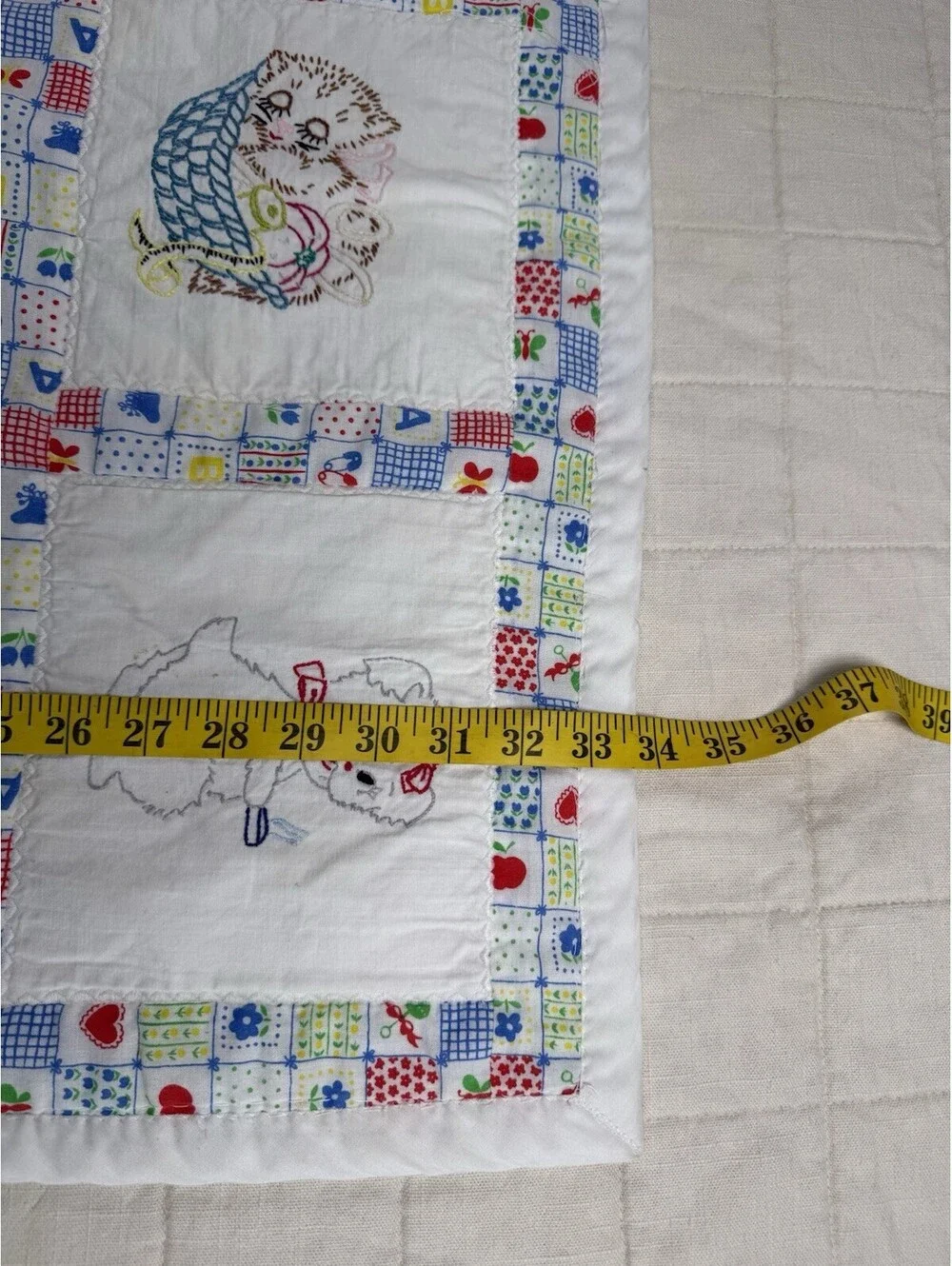 Vintage Handmade Baby Quilt Embroidered Kittens Cats Nursery 27x34 Patchwork